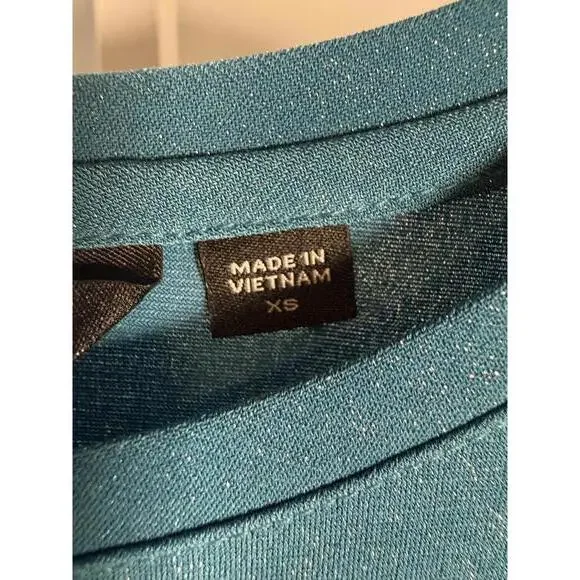 Colleen Lopez Women’s Teal Glitter Shimmer Long Sleeve Stretch Top Size XS - Picture 4 of 5